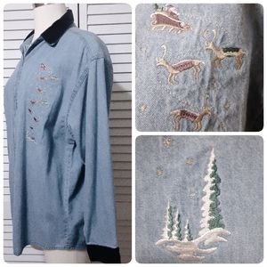 Blue Jean Christmas Embroidered Shirt